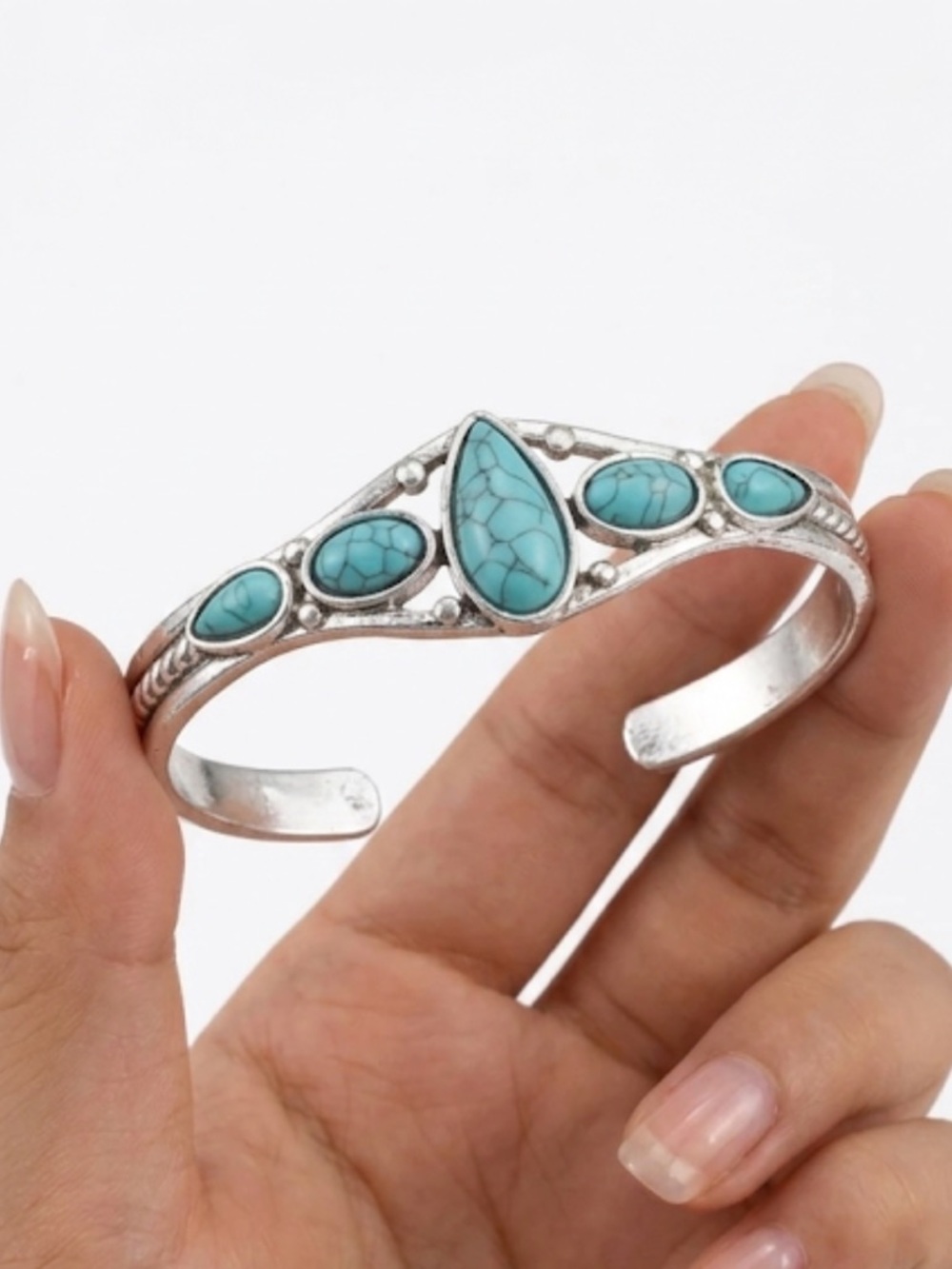 Turquoise Cuff Bracelet Native American Adjustable Silver Western Bangle
C3